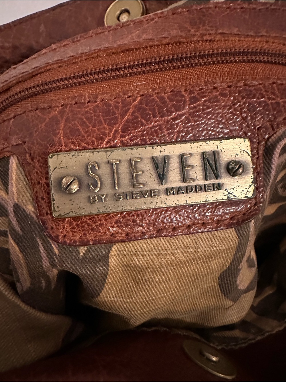 Steven by Steve Madden Brown Leather Hobo with Camouflage Interior